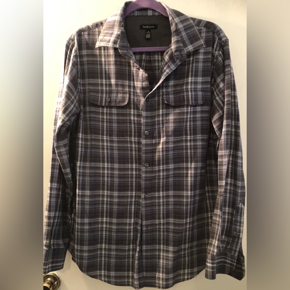 Van Heusen Blue and Gray Plaid Button Down Shirt Size M 15-15 1/2
